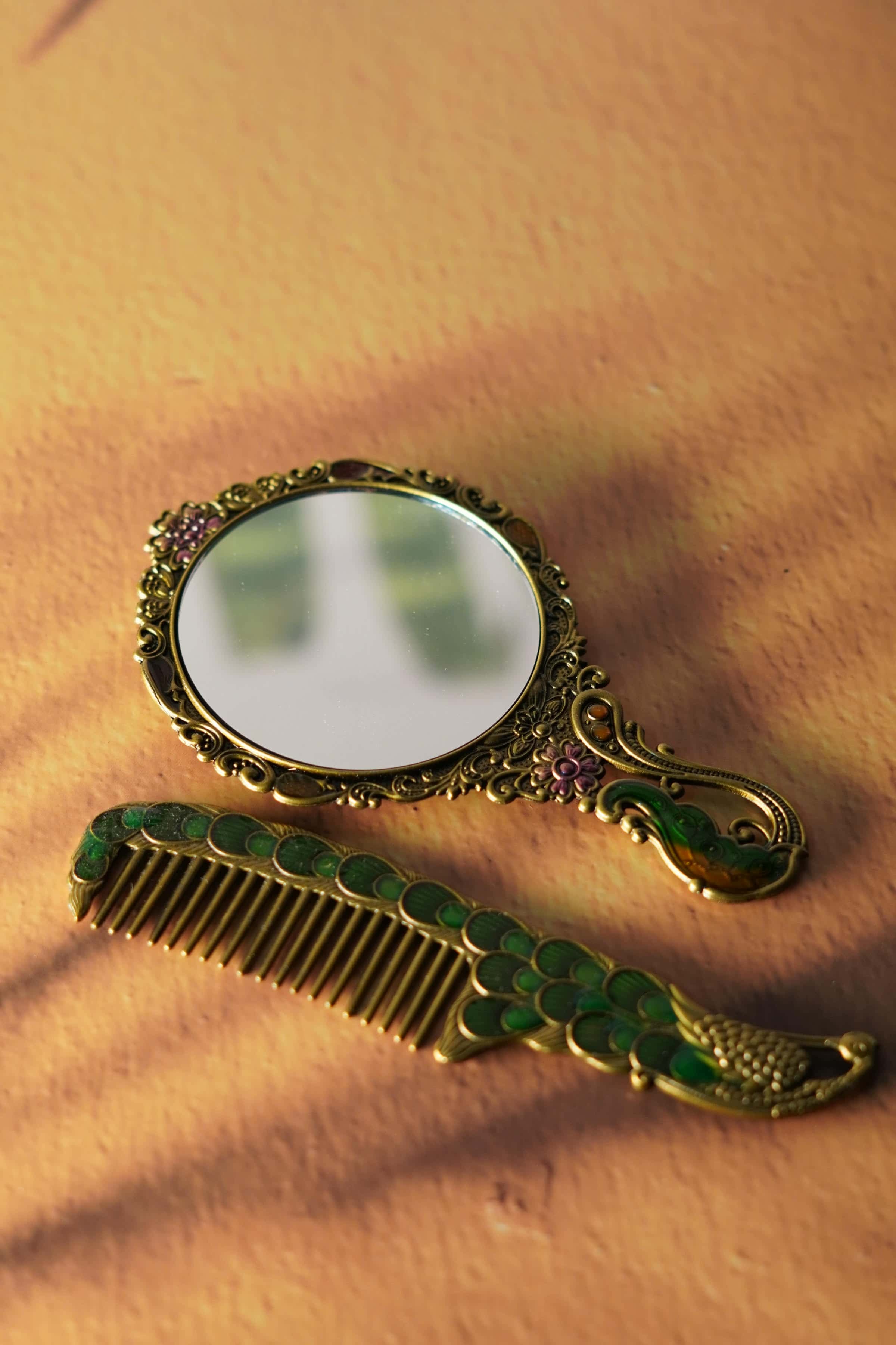 Vintage Peacock Hand Mirror and Comb Set