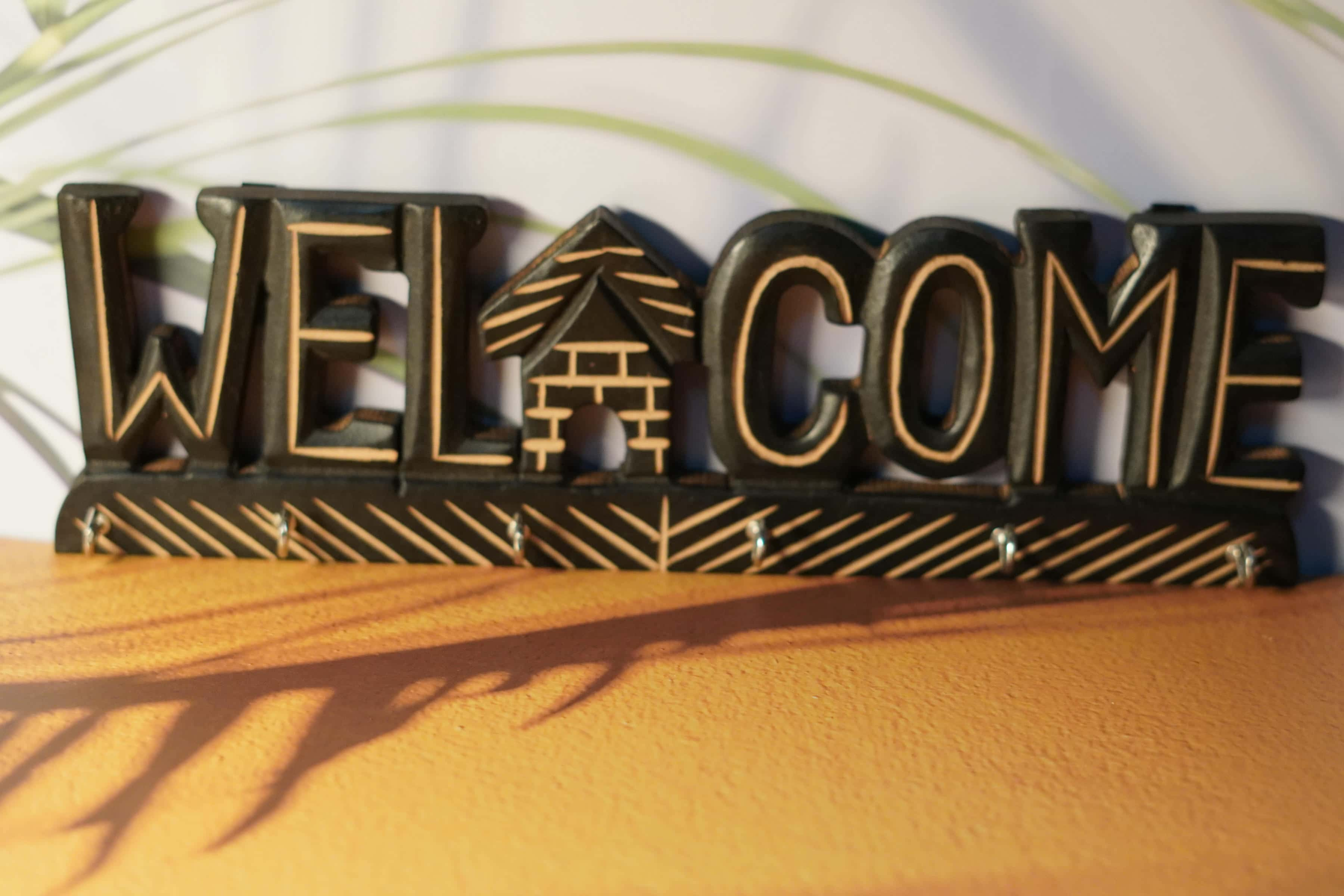 Handcrafted Wooden Welcome Sign with Key Hooks (Set of 2)