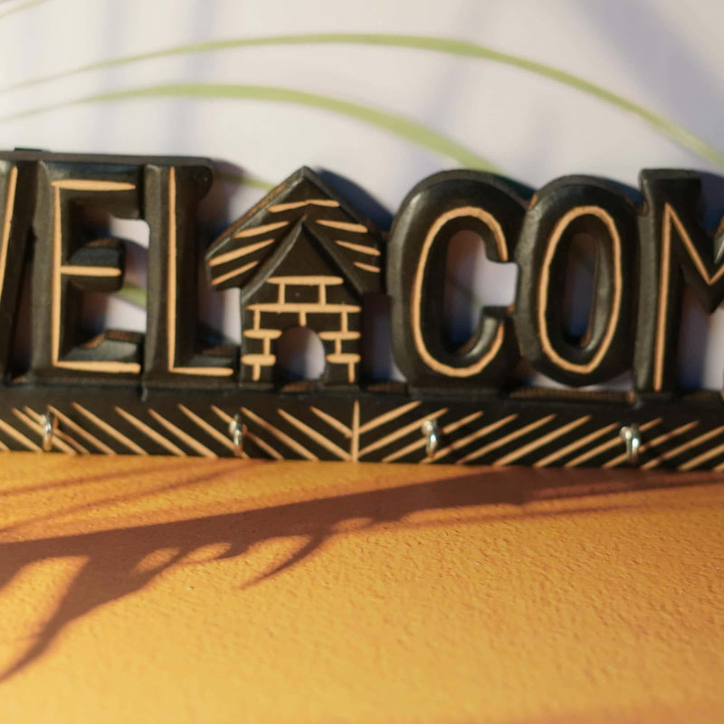 Handcrafted Wooden Welcome Sign with Key Hooks