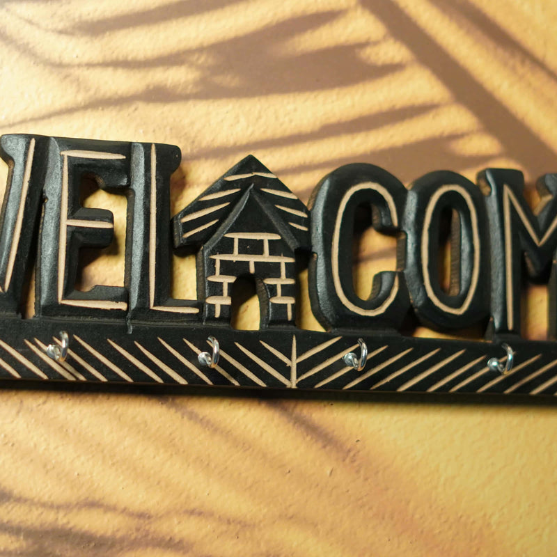 Handcrafted Wooden Welcome Sign with Key Hooks