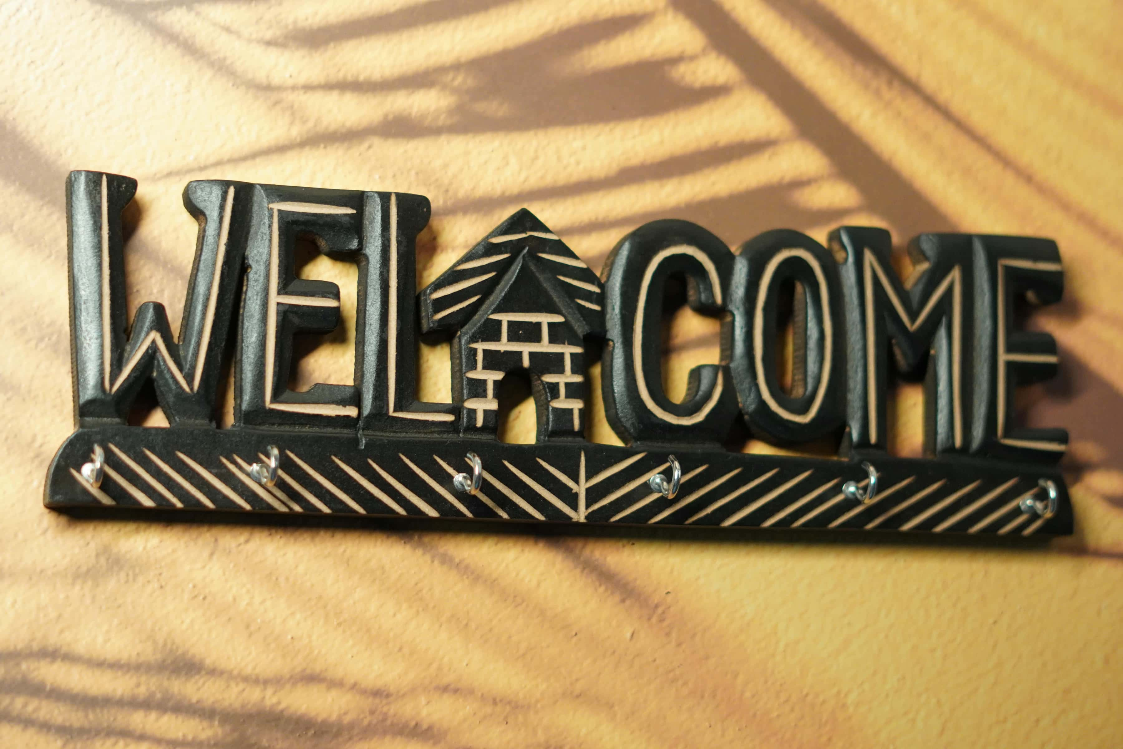 Handcrafted Wooden Welcome Sign with Key Hooks