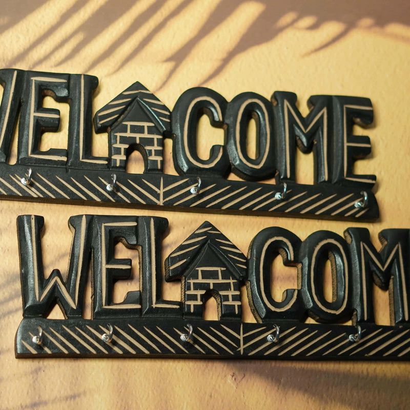 Handcrafted Wooden Welcome Sign with Key Hooks (Set of 2)