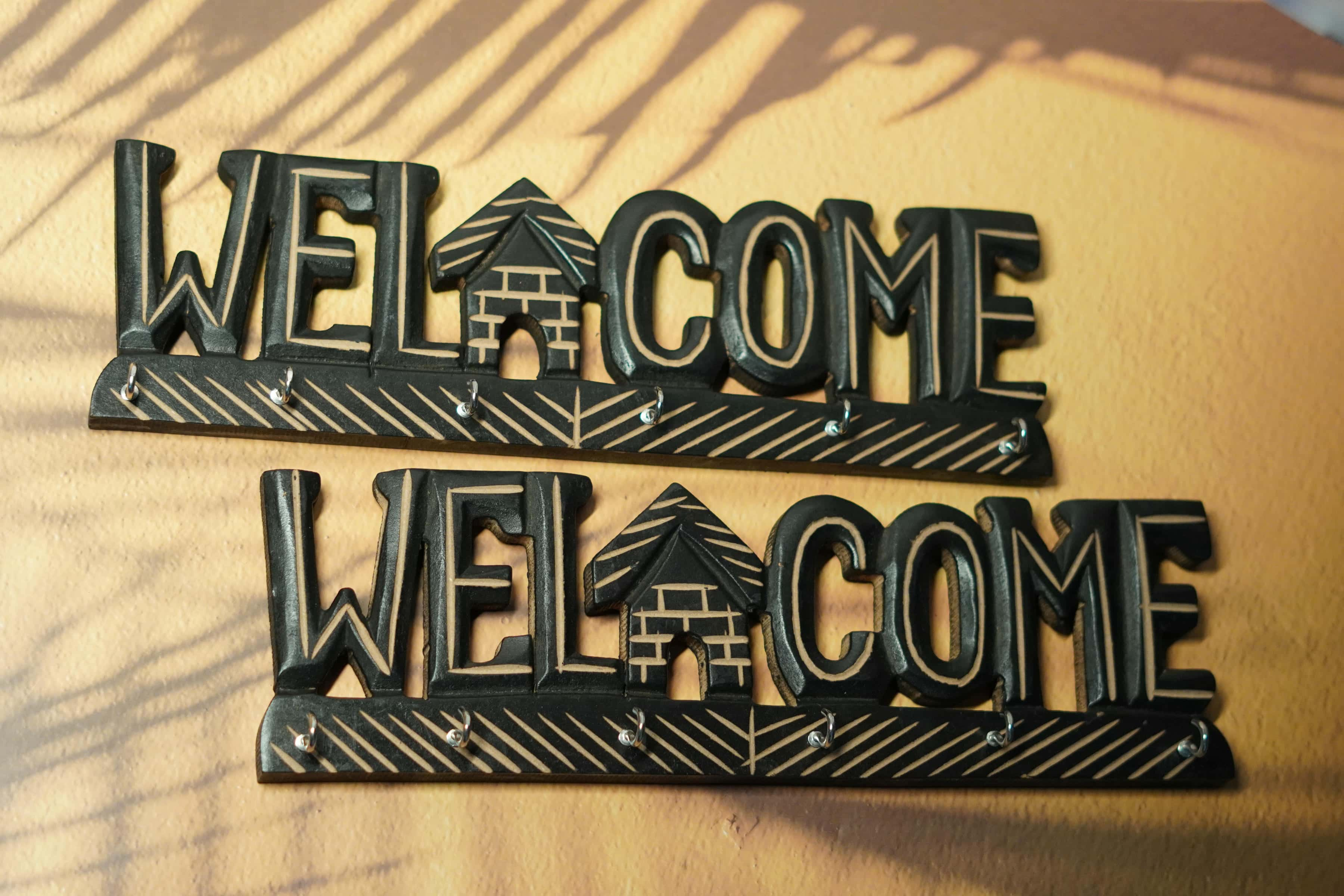 Handcrafted Wooden Welcome Sign with Key Hooks (Set of 2)