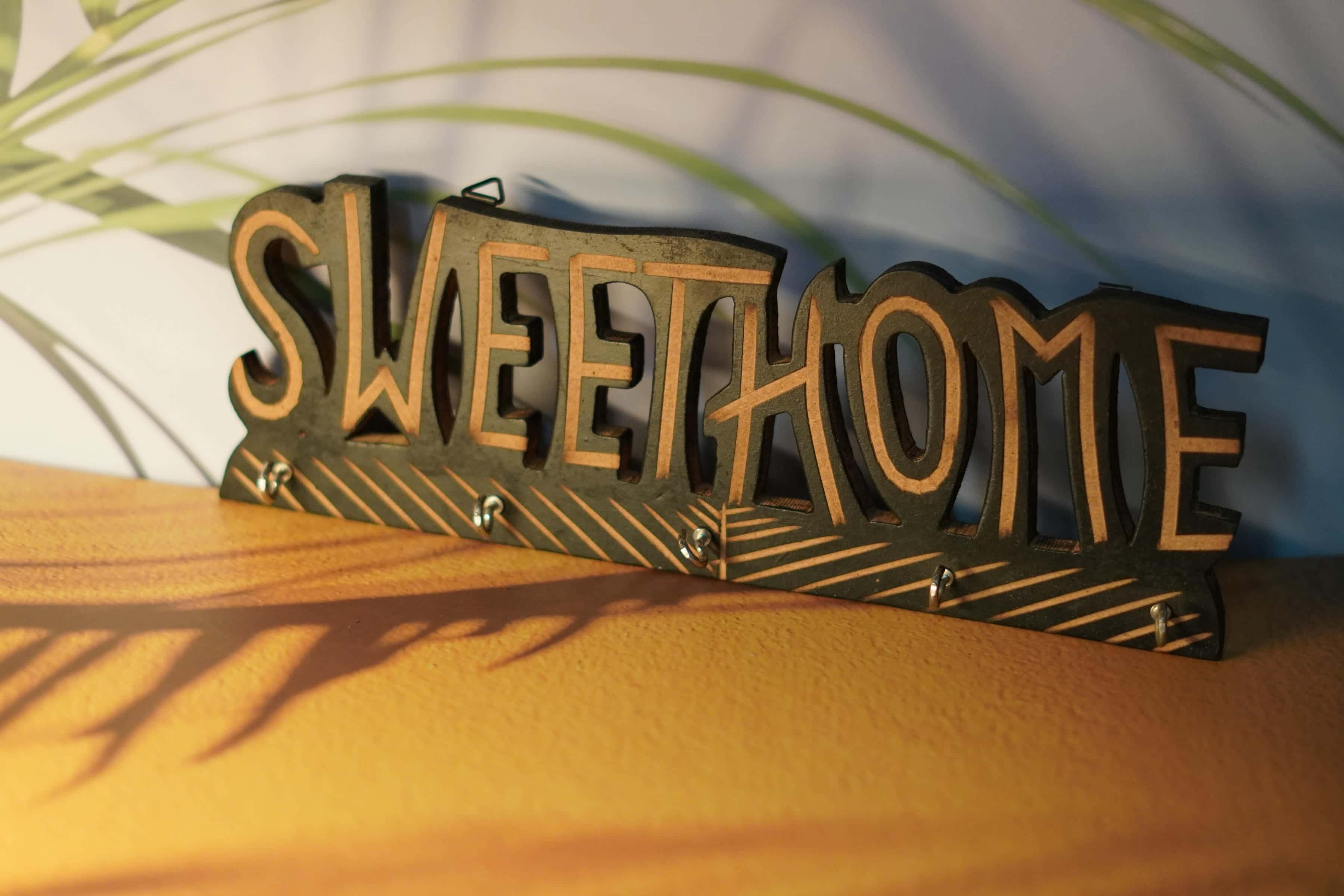 Rustic Wooden Key Holder with "Sweet Home" Sign