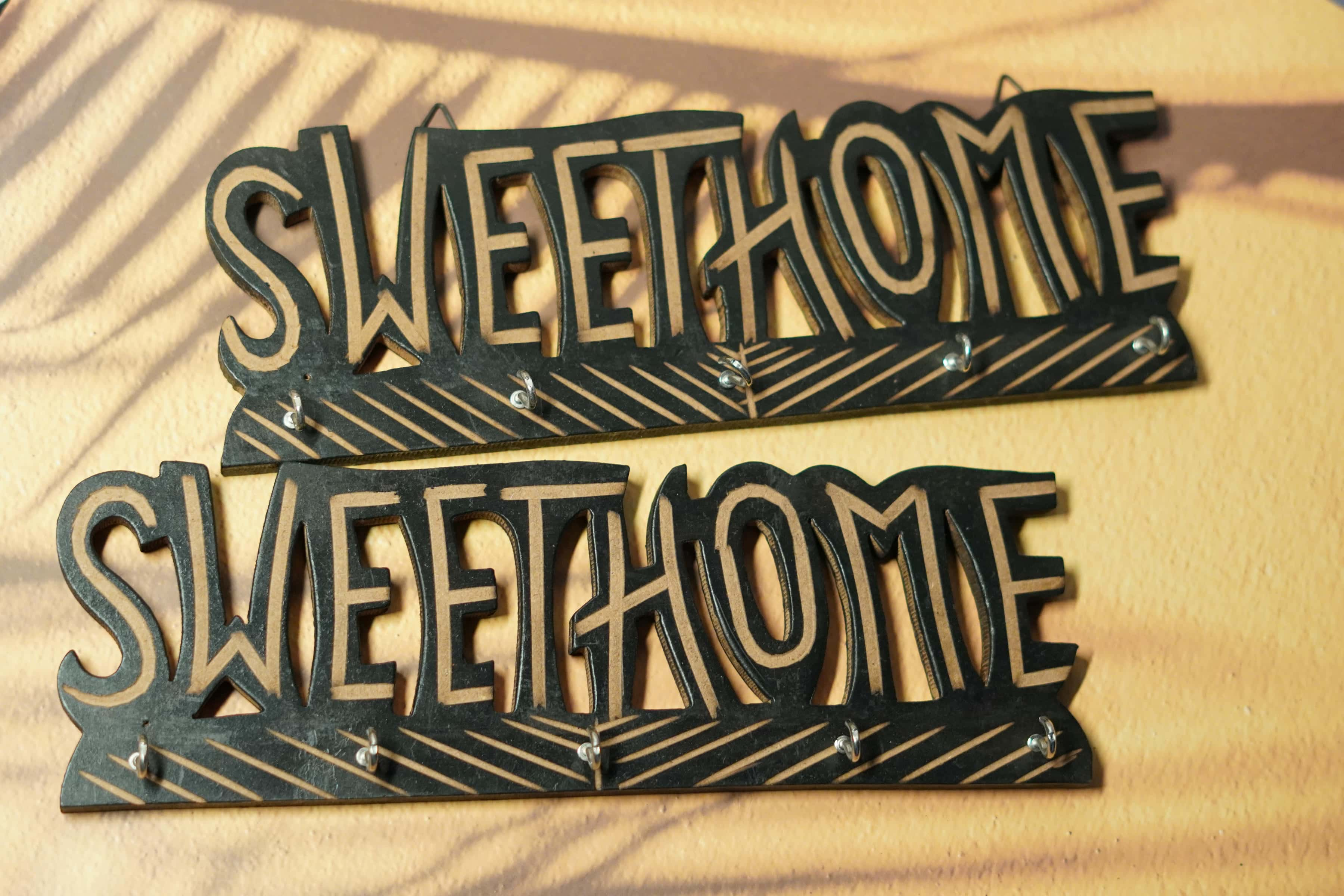 Rustic Wooden Key Holder with "Sweet Home" Sign (Set of 2)