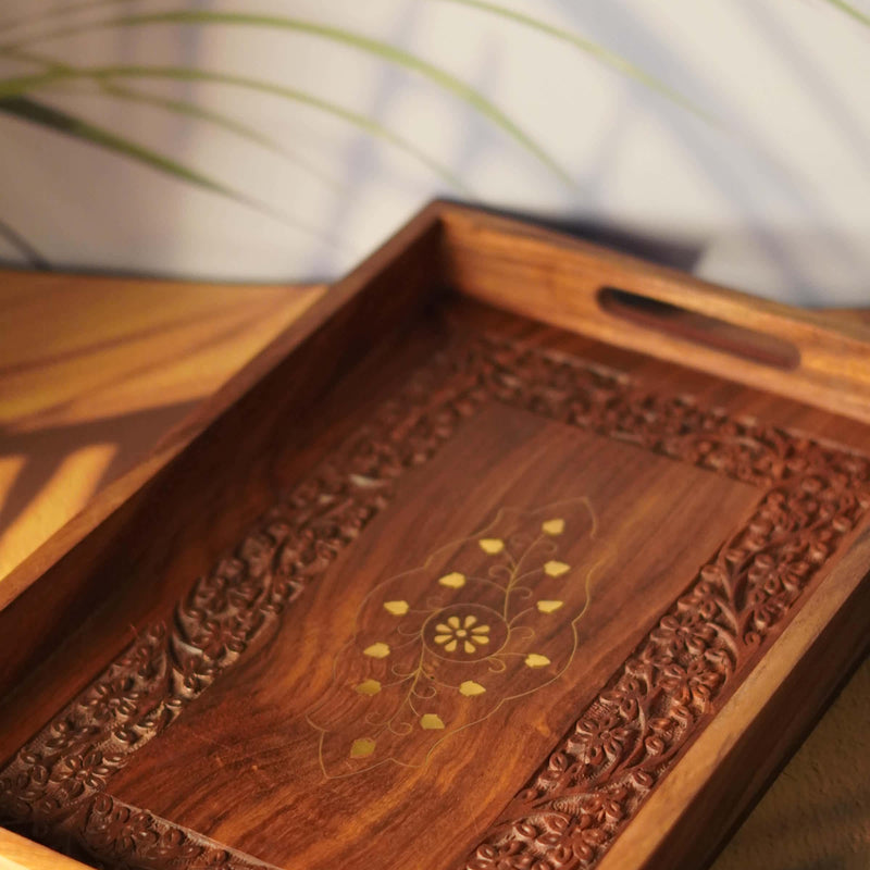 Hand Carved Wooden Fruit Serving Tray with Intricate Floral Design