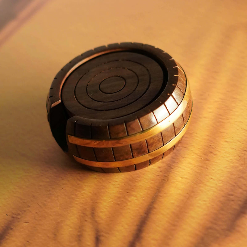 Rustic Elegance: Handcrafted Wooden Coaster Set with Brass Accent
