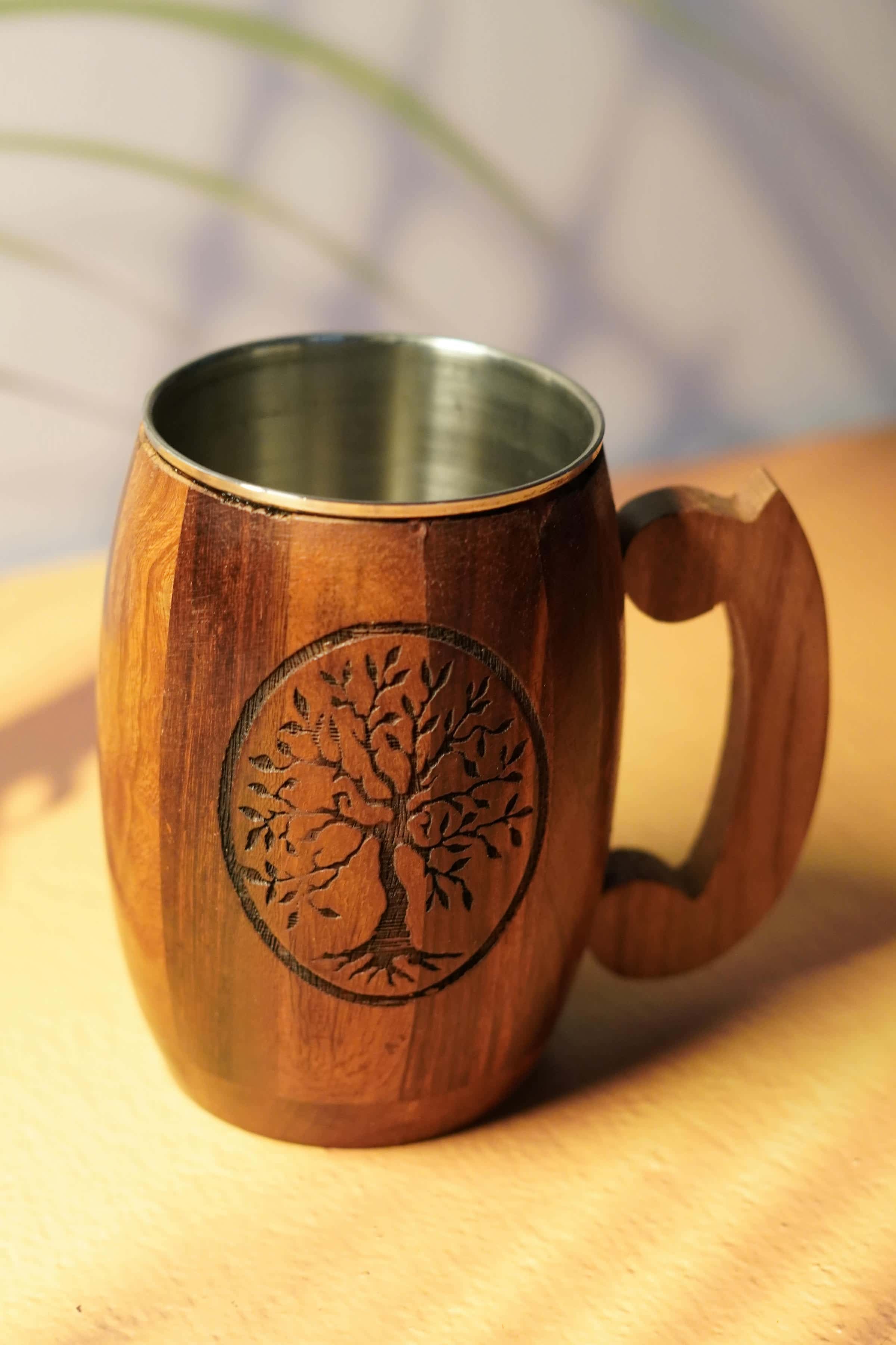 Eco-Friendly Wooden Mug with Intricate Tree Design