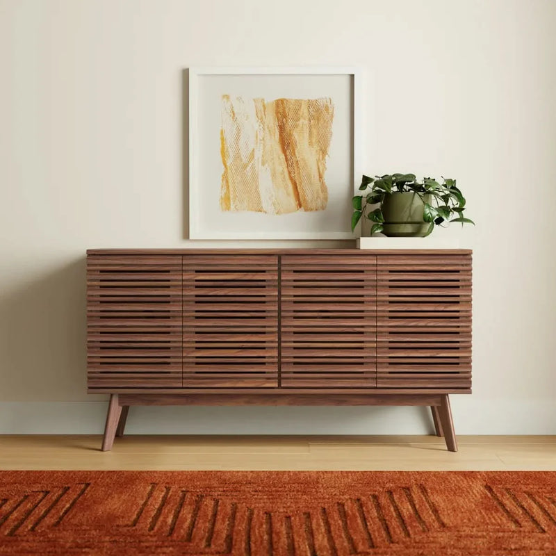 Mid-Century TV Console – 4 Cabinets, Cord Cutouts & Safety Anchor