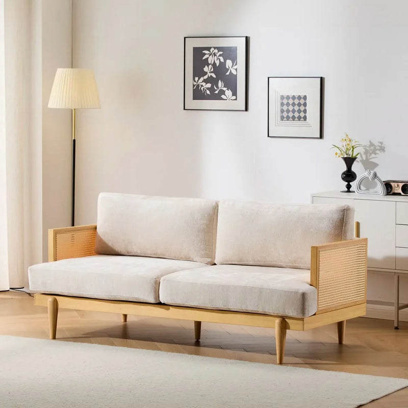 3-Seater Sofa With Cane Rattan And Wooden Frame