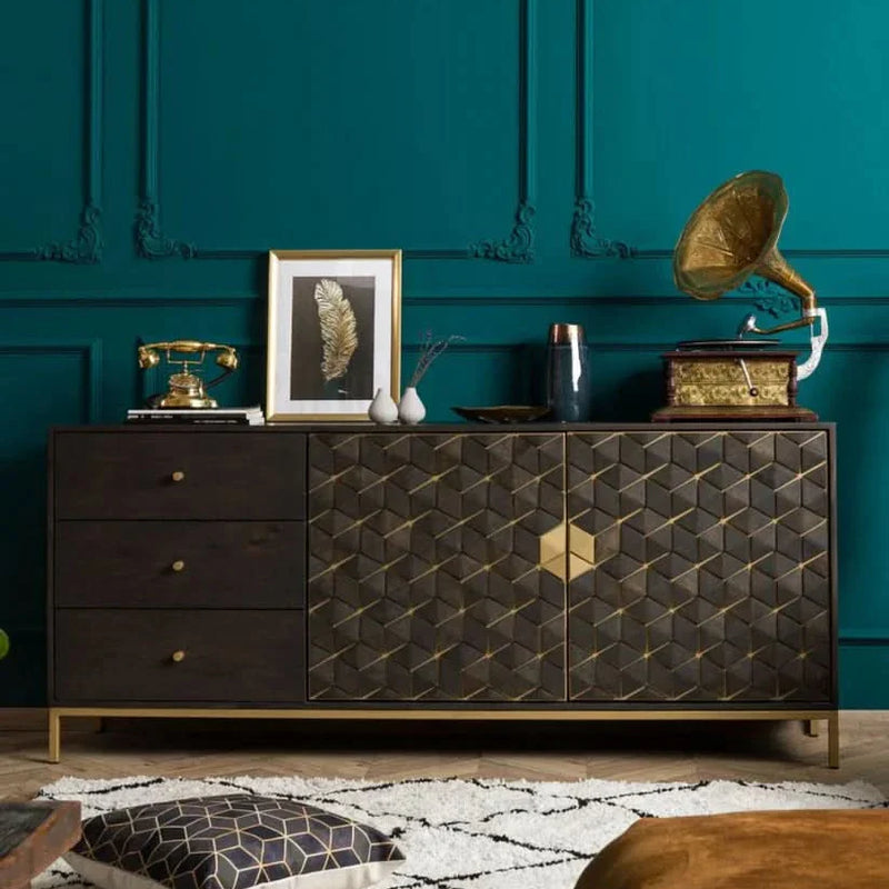 Luxury Dark Wood Sideboard with 3D Geometric Diamond Pattern Brass Inlay & Gold Accents
