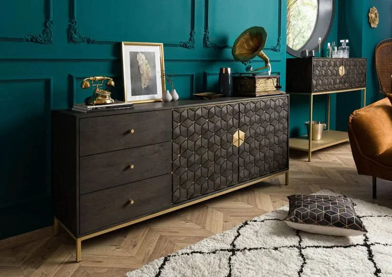 Luxury Dark Wood Sideboard with 3D Geometric Diamond Pattern Brass Inlay & Gold Accents