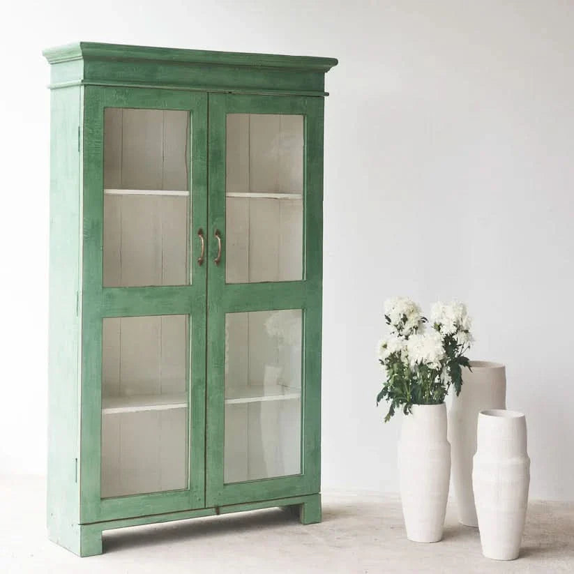 Keffy Vintage-Style Solid Wood Glass Cabinet in Jade Green Finish - Craft Decor