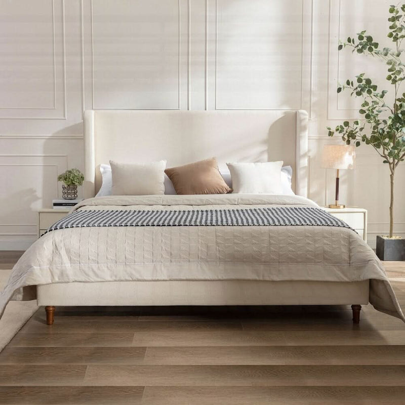 Elegant Upholstered Bed with Wingbacks and No Box Spring