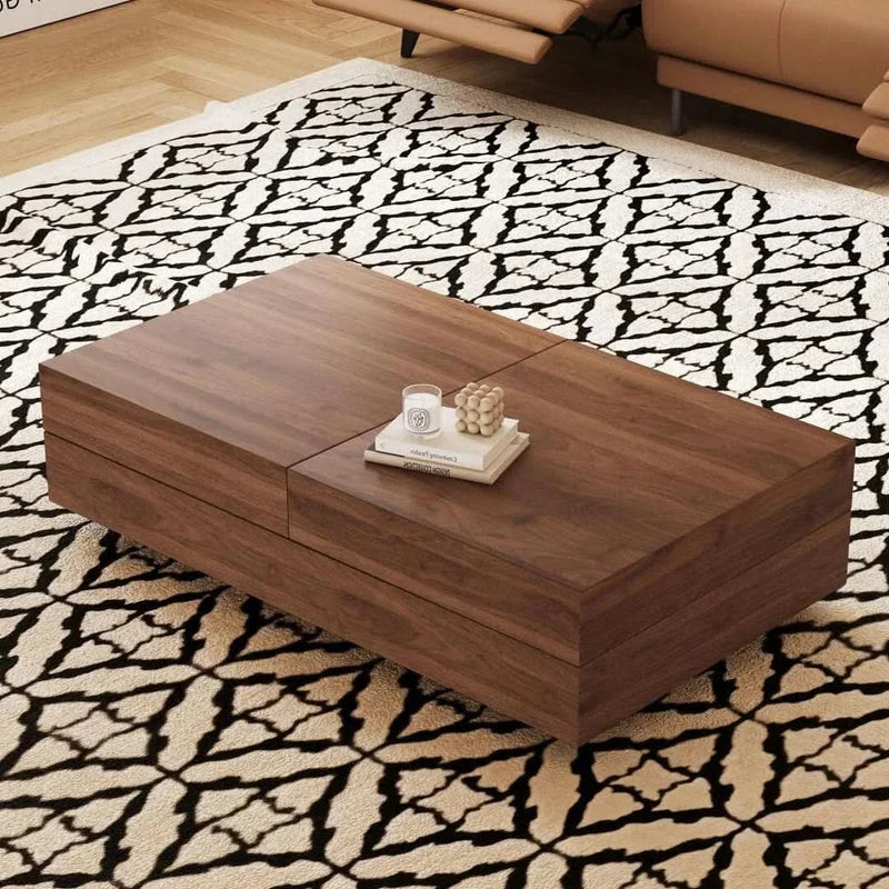 Filpix Modern Walnut Rectangular Coffee Table with Sliding Top and Hidden Storage