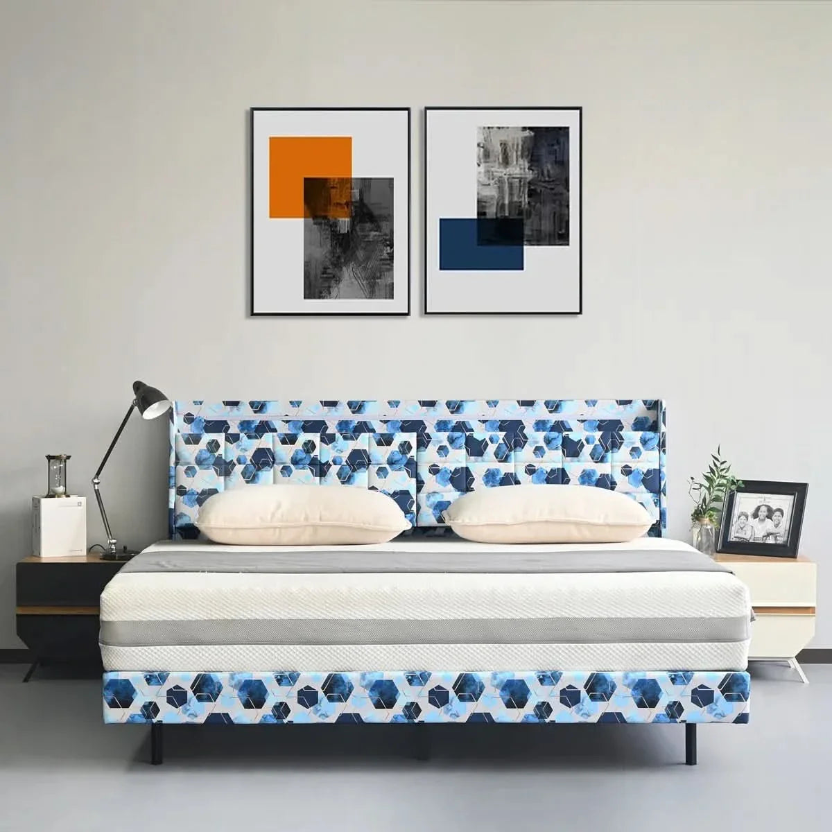 Floating Bed Frame with Storage Headboard, LED Bed Frame with Charging Station