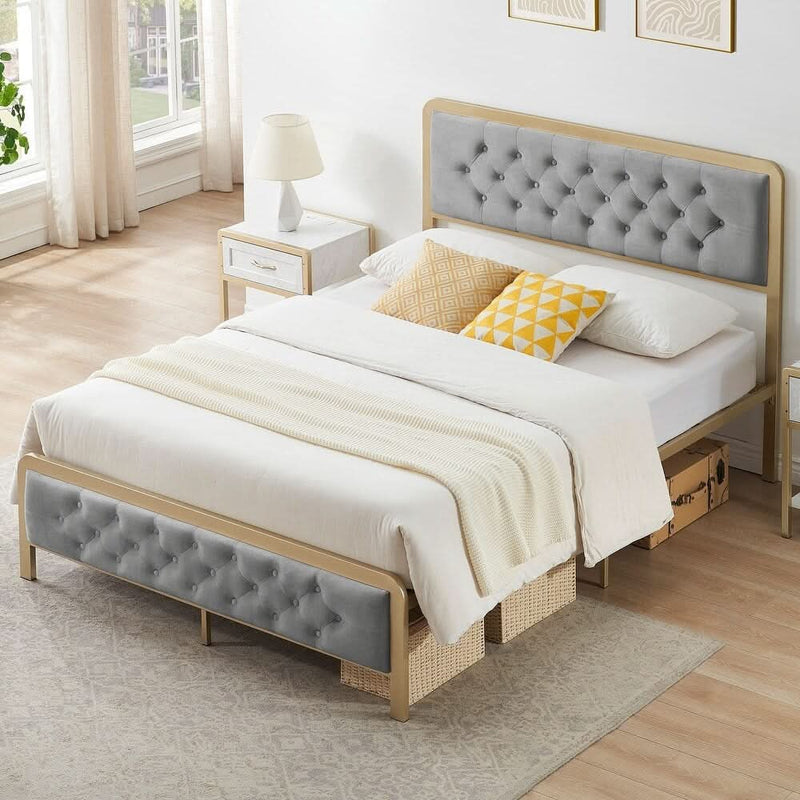 Velvet Upholstered Platform Bed with Button Tufted Headboard