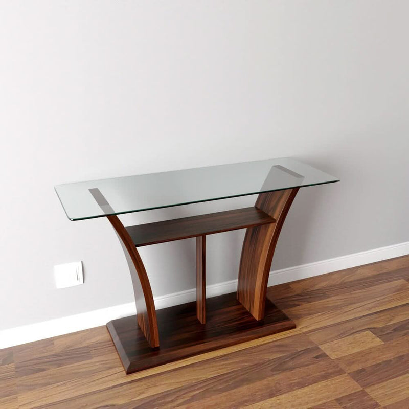 Viruppa Contemporary Cherry Glass Top T-shelf Sofa Table - Craft Decor