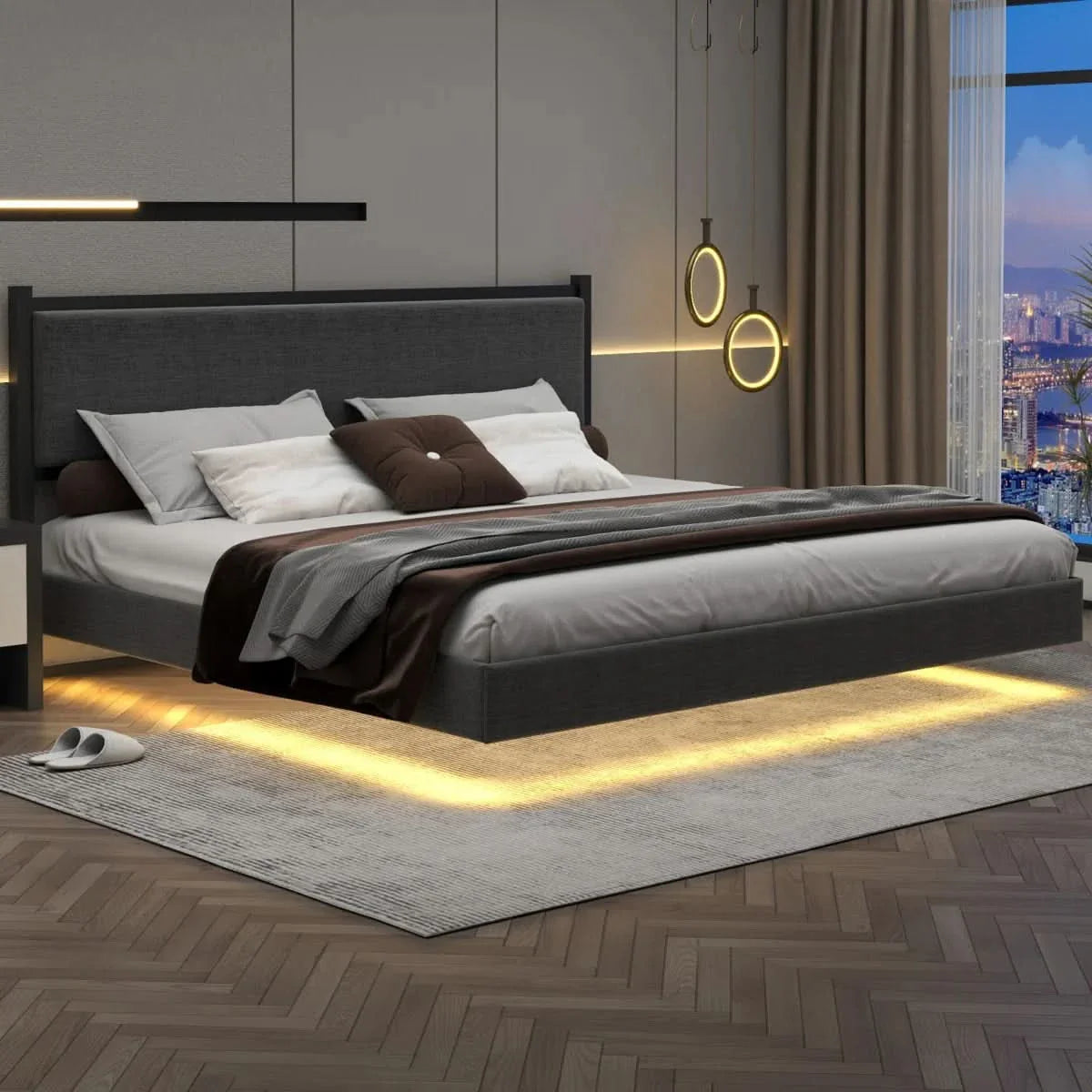 Floating Upholstered Metal Platform Bed