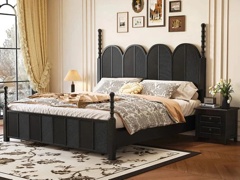 Classic Solid Wood King Size Bed with Bold Panelled Headboard and Footboard in Rich Black Finish