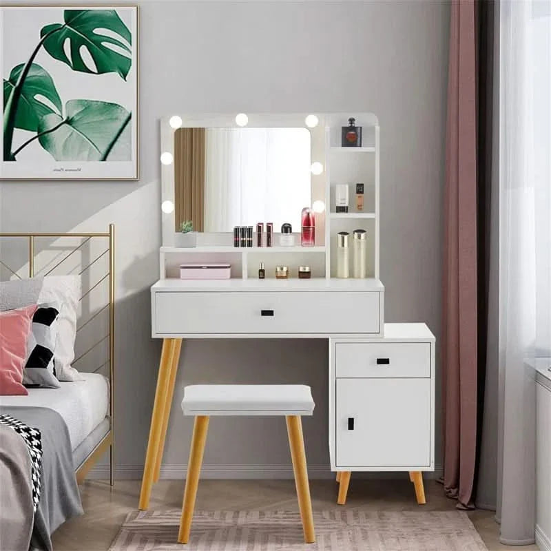 Saxuin Hollywood LED Vanity Makeup Table with Adjustable Lights, Drawers & Padded Stool