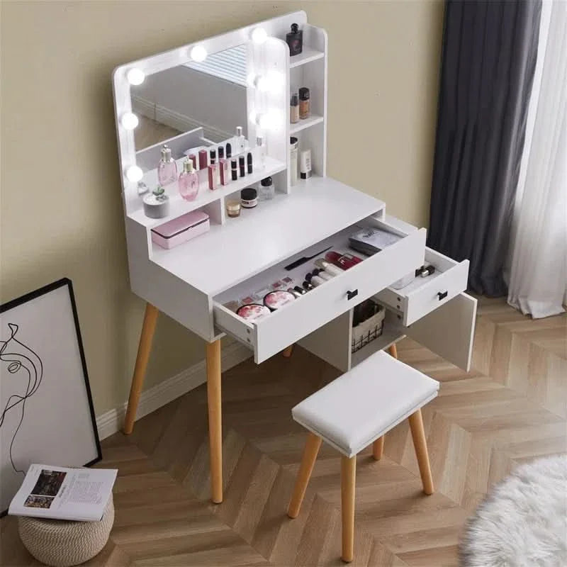 Saxuin Hollywood LED Vanity Makeup Table with Adjustable Lights, Drawers & Padded Stool
