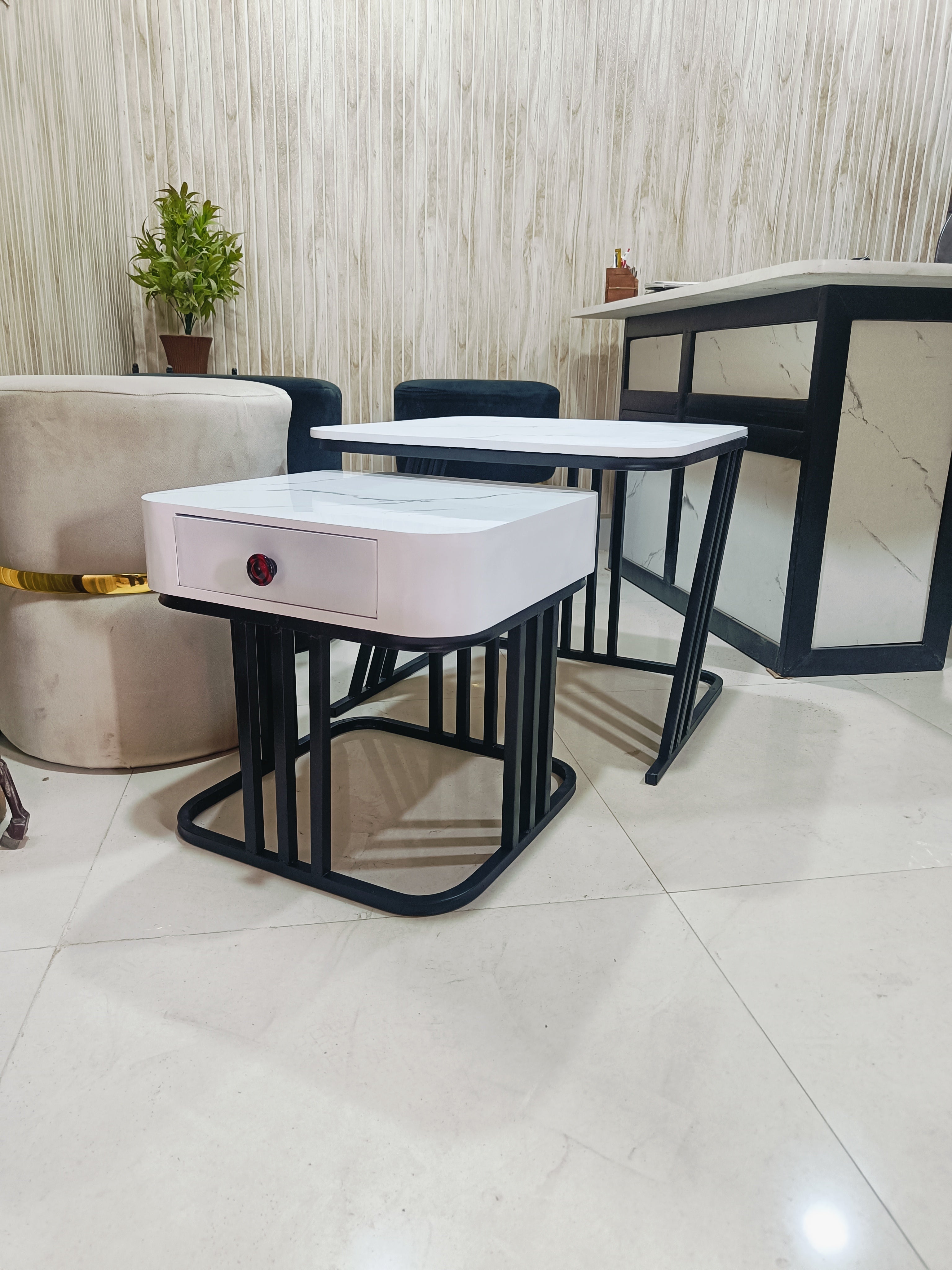 CRAFT DECOR Modest Marbled Finish Square Coffee Table Set of 2 Nesting Stacking Tea Tables Luxury Sofa Center Table with Wooden Drawer and Gold Metal Frame for Living Room Bedroom