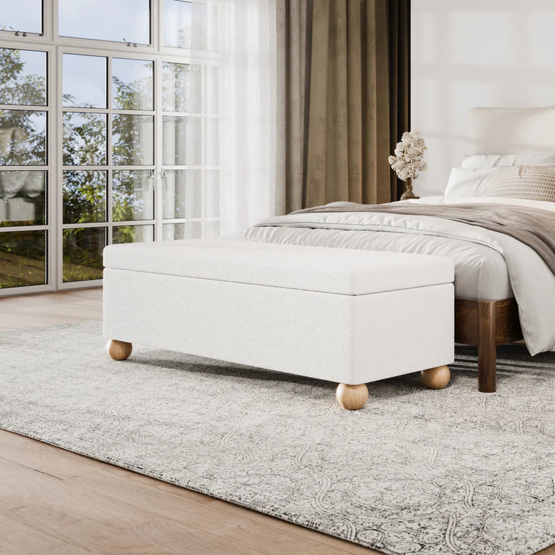Boucle Storage Bench With Solid Wood Ball Feet - craft decor