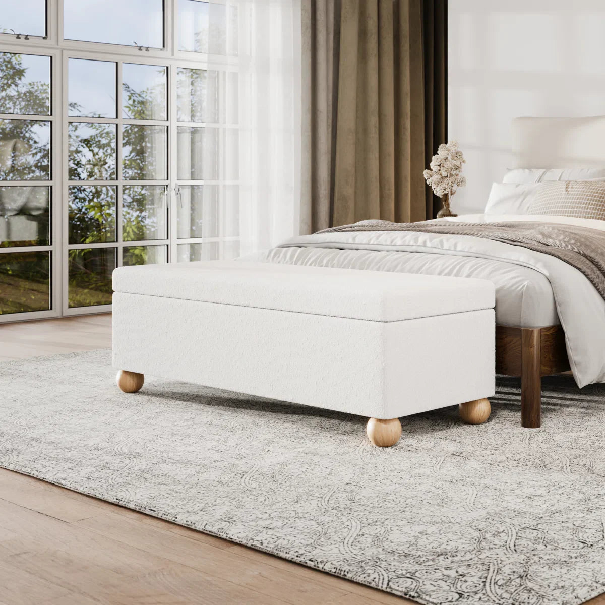 Boucle Storage Bench With Solid Wood Ball Feet - Craft Decor