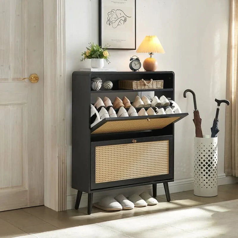 Modern Wooden Shoe Storage Cabinet with Rattan Front & Flip-Down Drawers