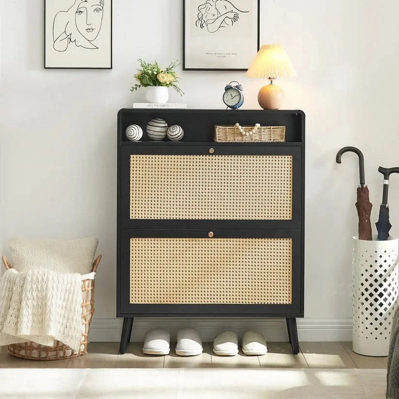 Modern Wooden Shoe Storage Cabinet with Rattan Front & Flip-Down Drawers