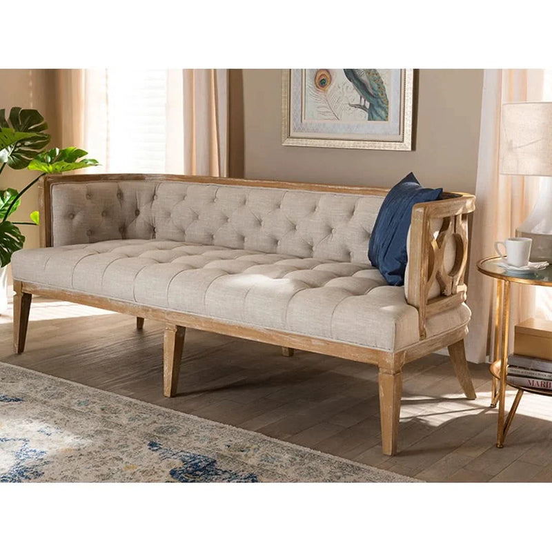 French Vintage Sofa – Solid Oak Frame with Beige Linen Upholstery
