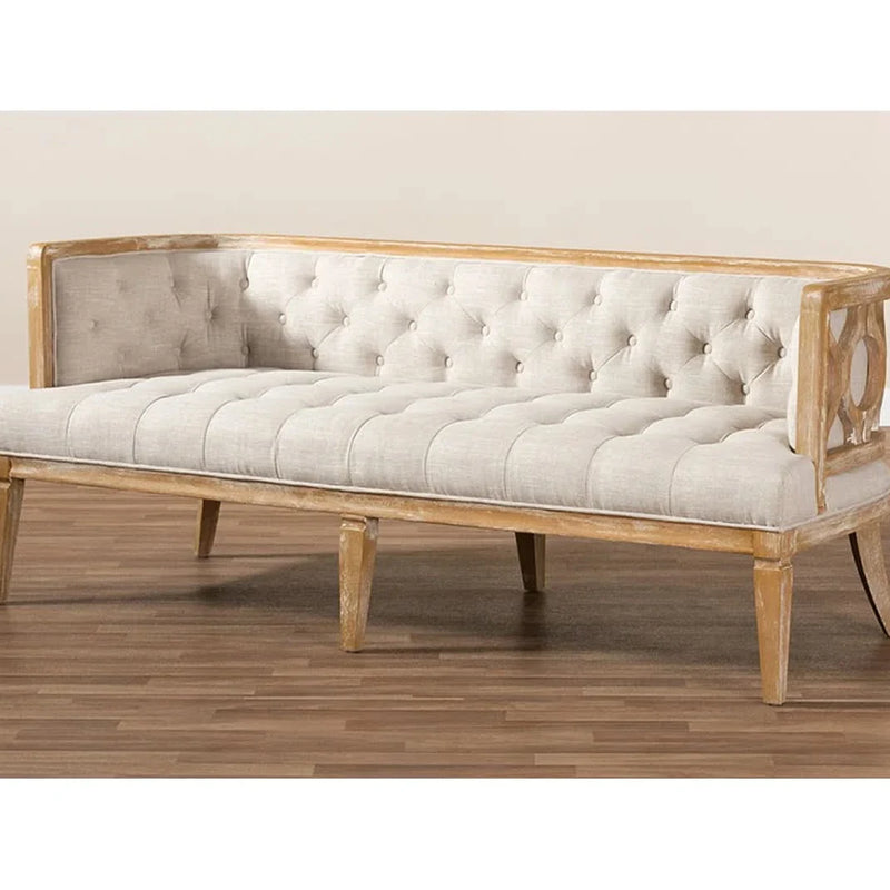 French Vintage Sofa – Solid Oak Frame with Beige Linen Upholstery