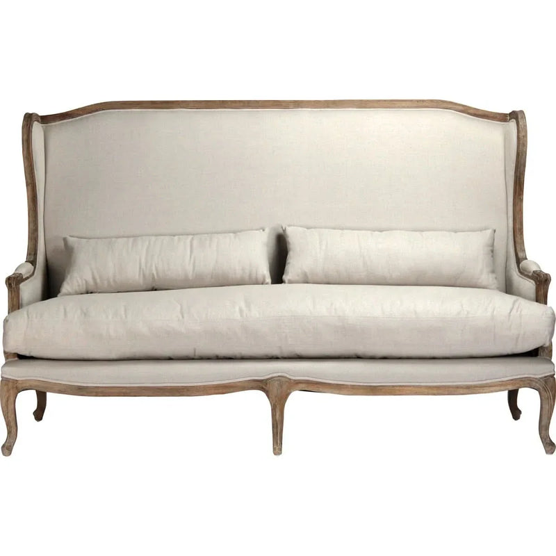 Upholstered Sofa with Carved Wood Frame – Vintage Linen Elegance