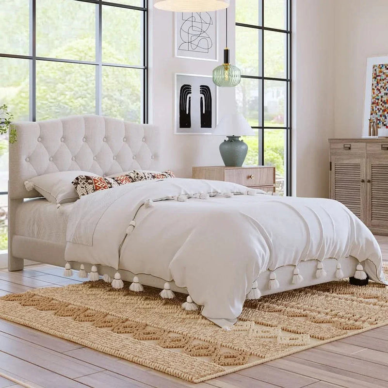 Linen Upholstered Platform Bed with Saddle Curved Headboard and Diamond Tufted Details