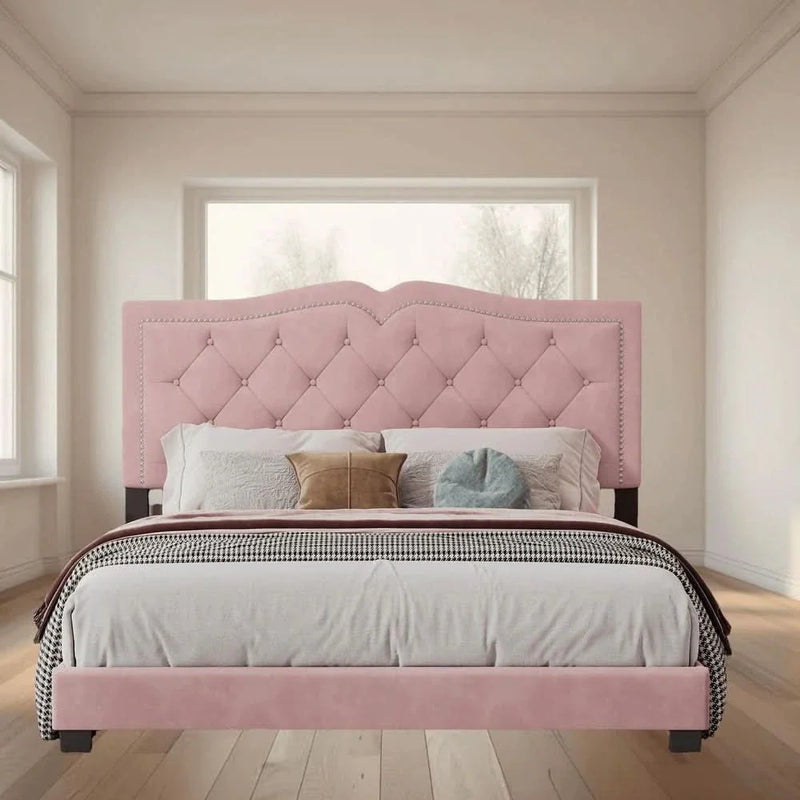 Luxurious Queen Size Velvet Upholstered Platform Bed Frame with Tufted Headboard and Rivet Detailing