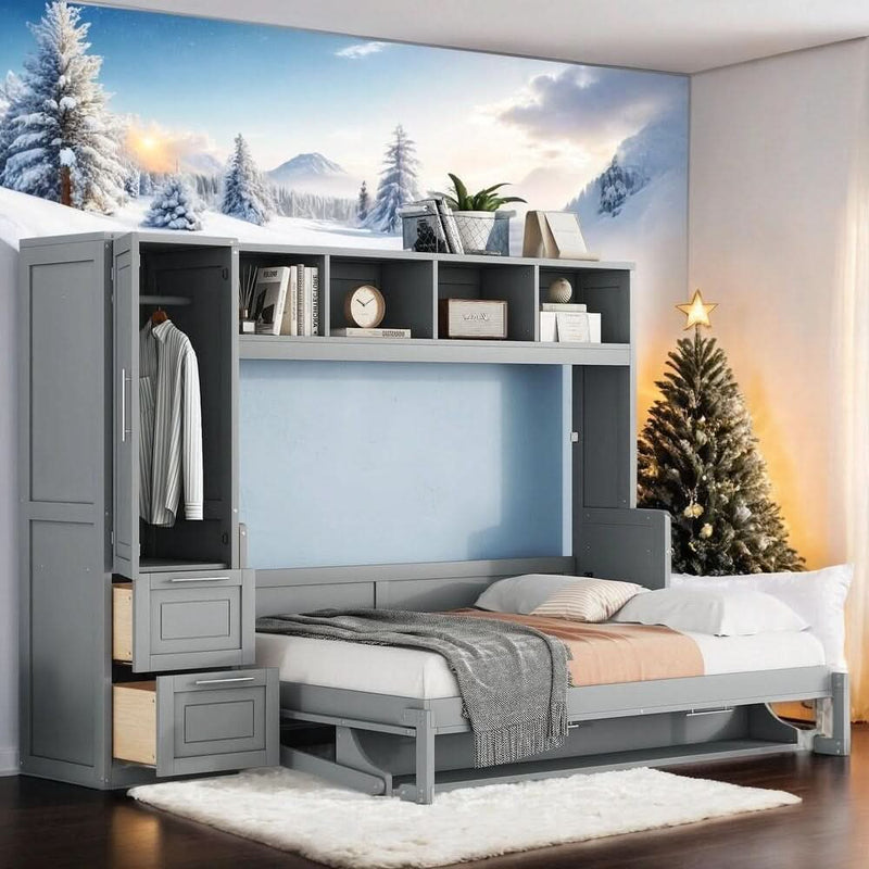 Luxury Full Size Murphy Bed Wall Bed with Closet and Drawers, Integrated Storage, Maximized Space, Solid Construction, White