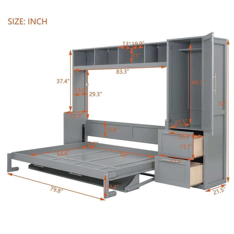 Luxury Full Size Murphy Bed Wall Bed with Closet and Drawers, Integrated Storage, Maximized Space, Solid Construction, White