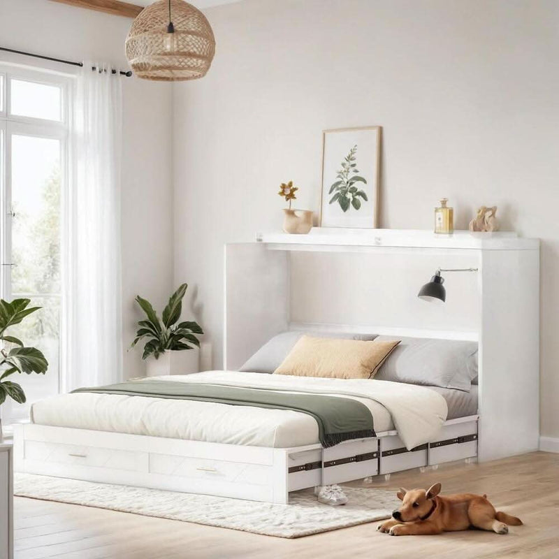 Luxury Full Size Murphy Bed Wall Bed with drawer and a set of Sockets & USB Ports, Pulley Structure Design, White