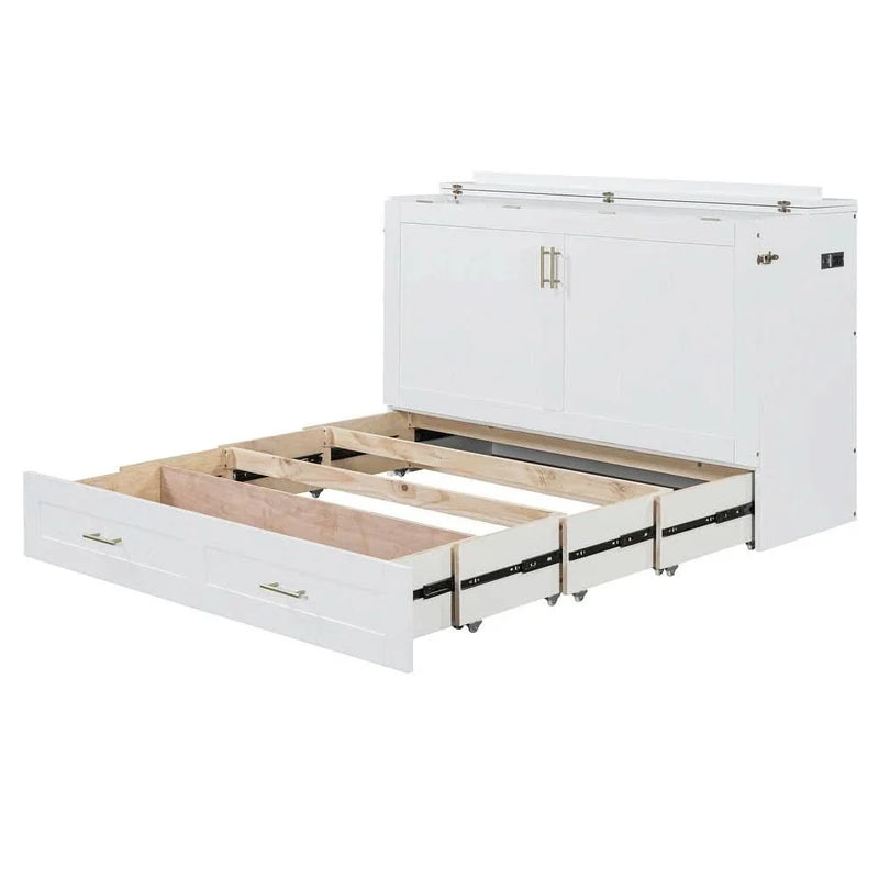 Luxury Full Size Murphy Bed Wall Bed with drawer and a set of Sockets & USB Ports, Pulley Structure Design, White