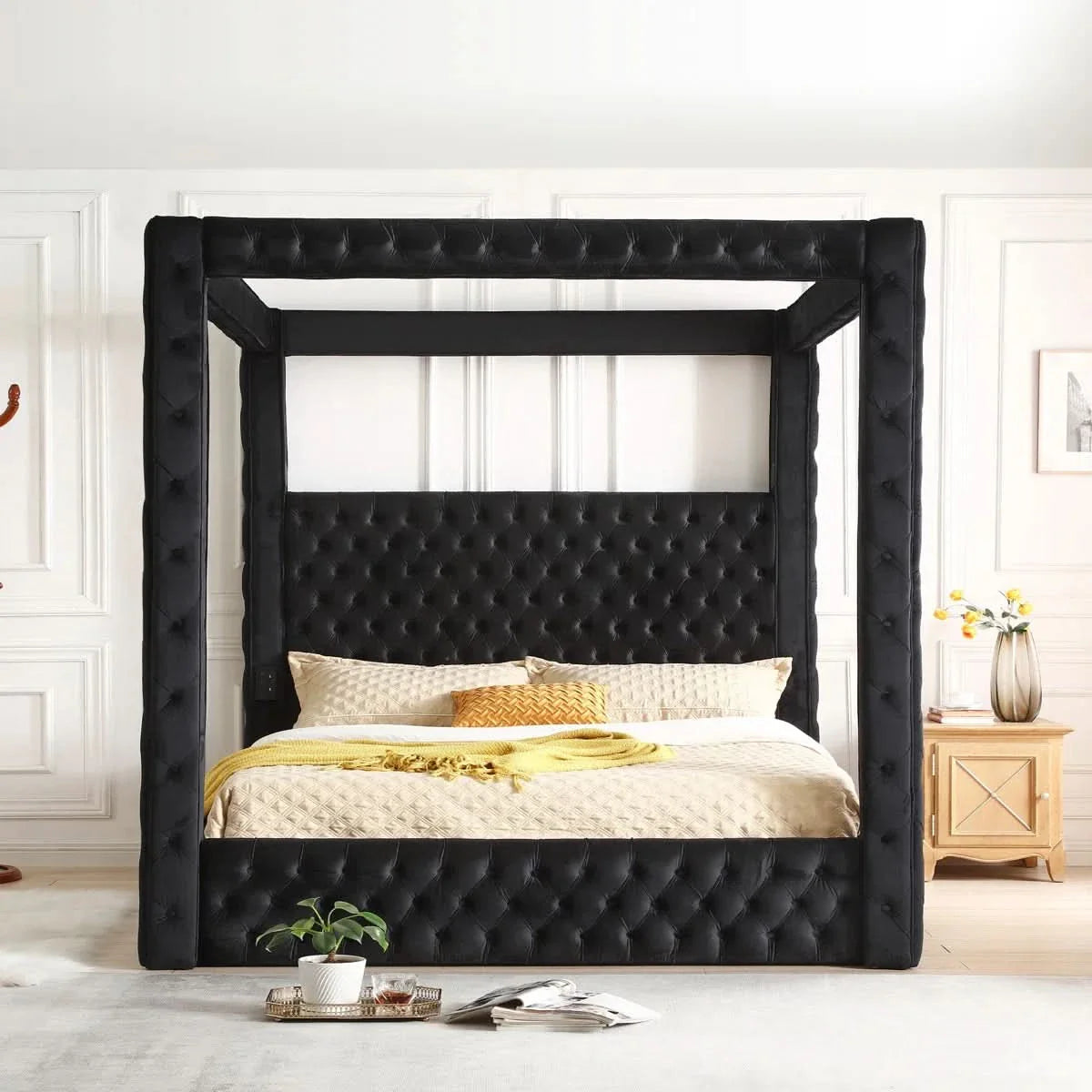 Luxurious Velvet Upholstered Canopy Bed with Speaker & USB Connection