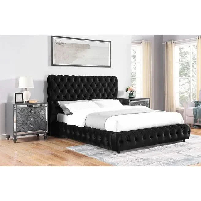 Hevor Black Velvet Upholstered Tufted Platform Bed