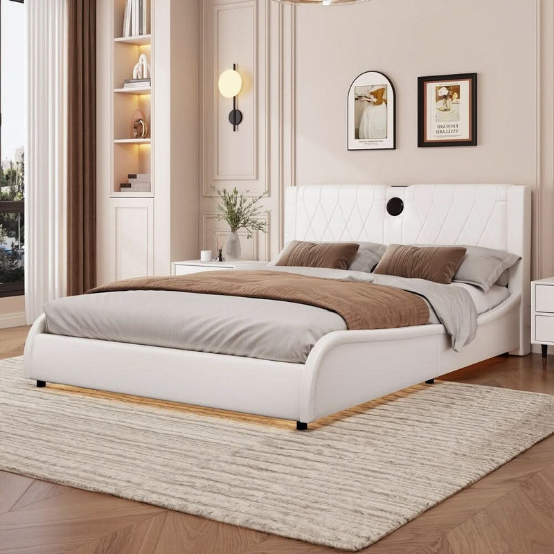 Modern Faux Leather Upholstered Platform Bed with Bluetooth Speakers & LED Lights by Harper & Bright Designs