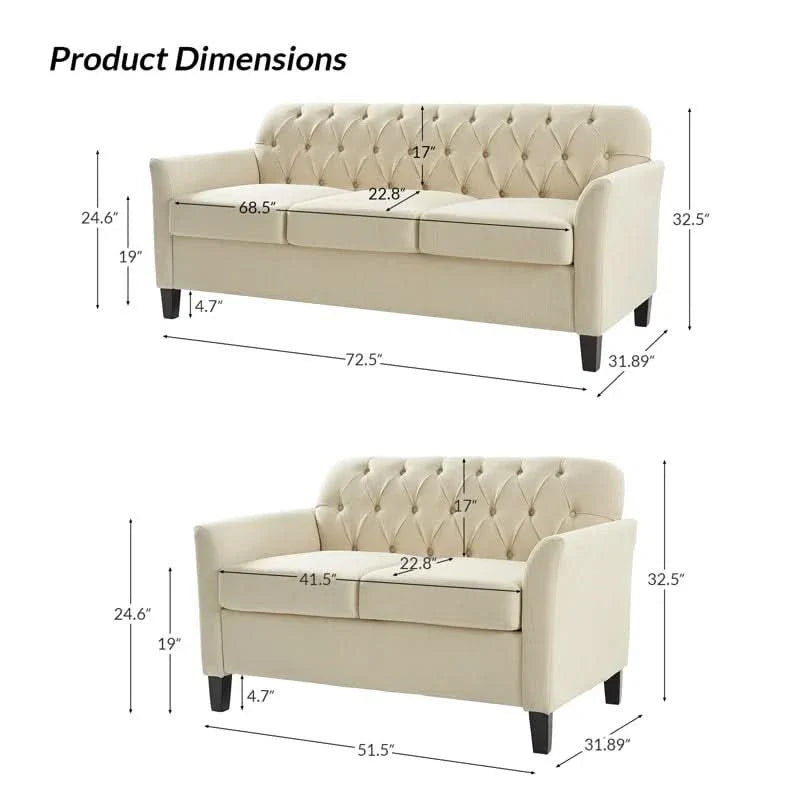 Ormar Transitional 2 Piece Living Room Luxury Sofa Set with Button-tufted Backrest and Solid Wood Legs