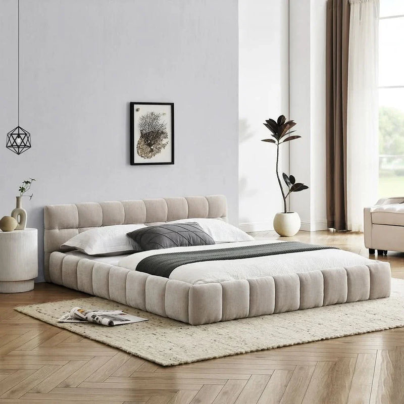 Queen Size Chenille Upholstered Platform Bed with Solid Frame & Headboard