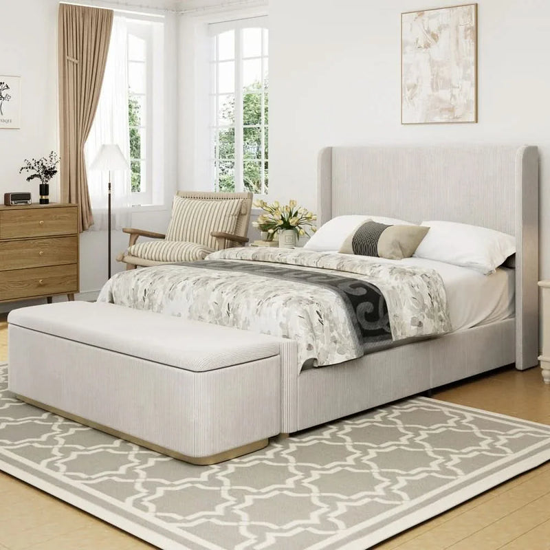 Queen Size Corduroy Upholstered Bed Frame with 130L Storage Ottoman, and Vertical Stripe Wingback Headboard and High Footboard