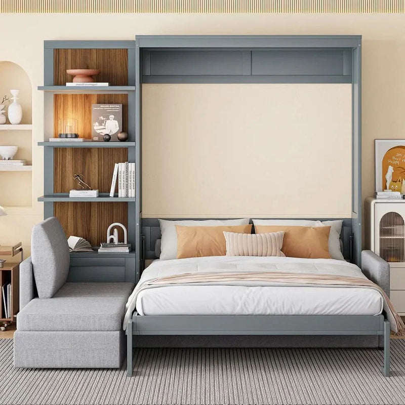 Queen Size Murphy Bed Wall Bed with Sofa and Shelves