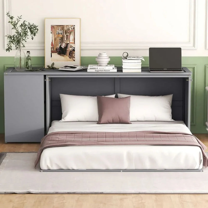 Queen Size Murphy Bed with Rotable Desk & 2 Storage Shelves, Space-Saving Design Solid Pine Wood Floor Bed Frame