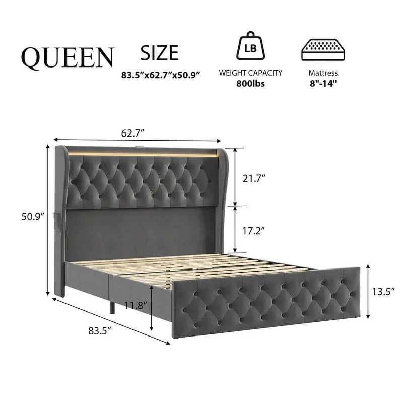 Gangix Queen Size Platform Bed Frame, Velvet Upholstered Bed with Deep Button Tufted & Wingback Headboard
