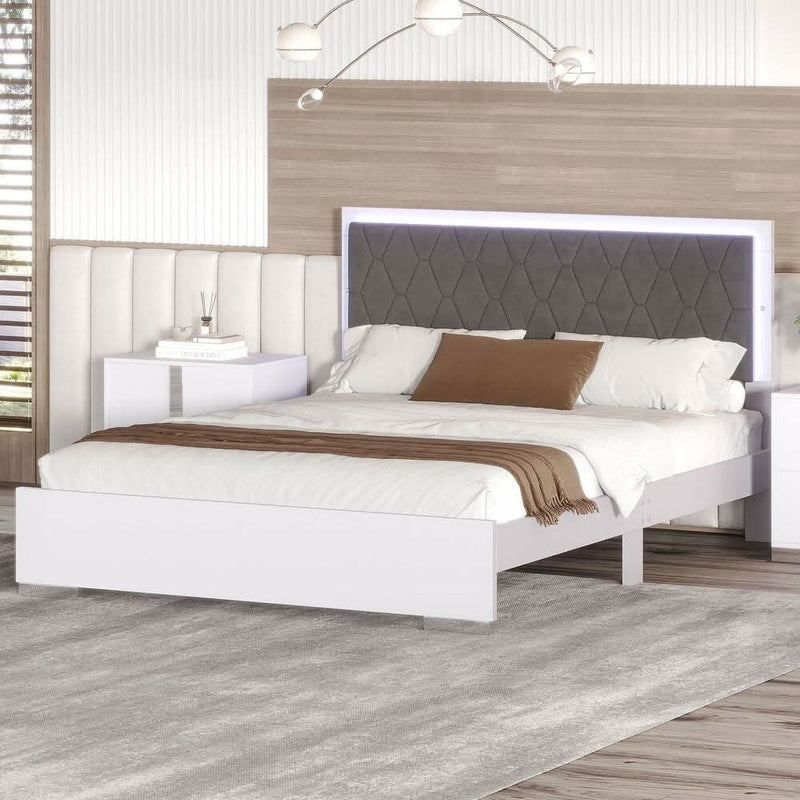 Queen Size Upholstered Bed with LED Lights and Velvet Headboard
